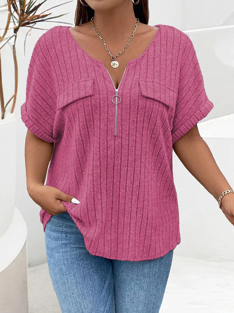 GIBSIE Plus Size Women's Ribbed T-Shirt – O-Neck Short Sleeve O-Ring Zip Front Casual Summer Top