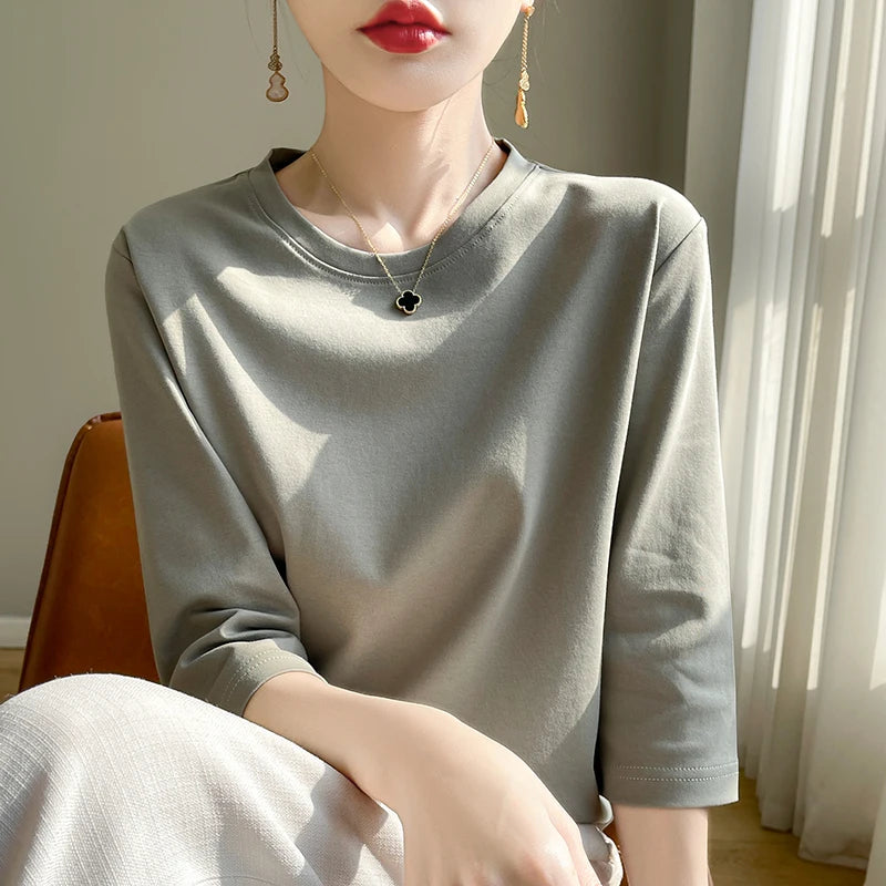 Camiseta de algodón mercerizado para mujer, manga corta, cuello redondo, top básico suave de verano