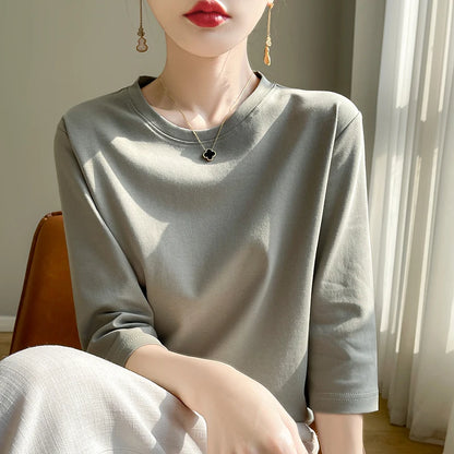 Camiseta de algodón mercerizado para mujer, manga corta, cuello redondo, top básico suave de verano