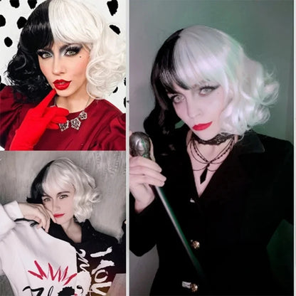 Cruella De Vil Halloween Cosplay Wig – Half Black Half White Short Curly Wig (Danganronpa Style)