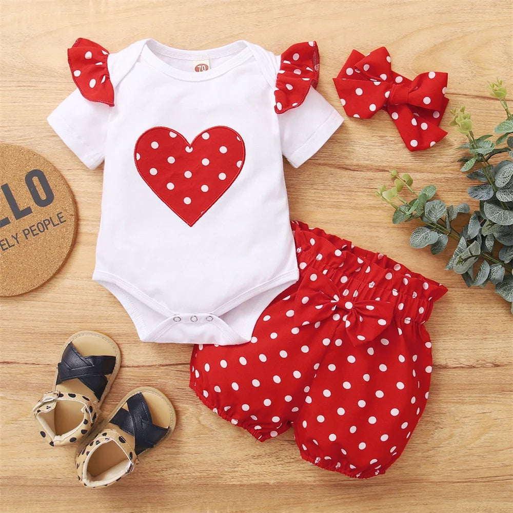 Baby Girl 3PCS Summer Outfit Set – Short Sleeve Bodysuit, Polka Dot Shorts & Headband for Infants