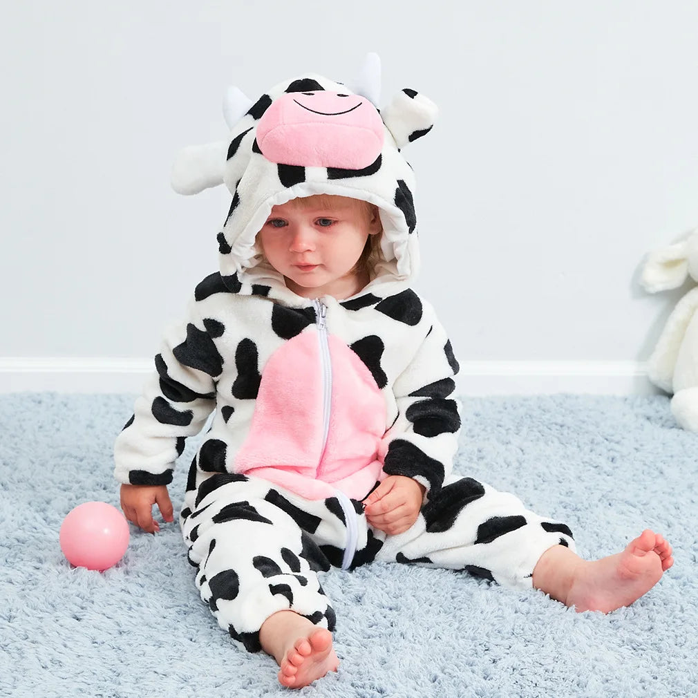 Halloween Dinosaur Baby Romper – Warm Fleece Hooded Kigurumi Pajamas & Animal Jumpsuit for Baby Boys & Girls, Cozy Winter Costume 0-4T