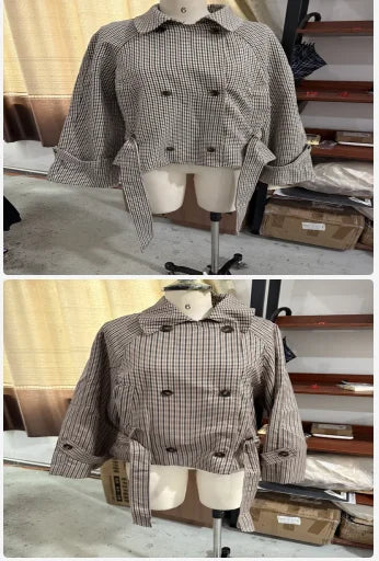 Women’s Plaid Cropped Trench Coat – Double-Breasted Short Jacket with Lapel Collar, Belted Waist & Long Sleeves, Autumn Outerwear