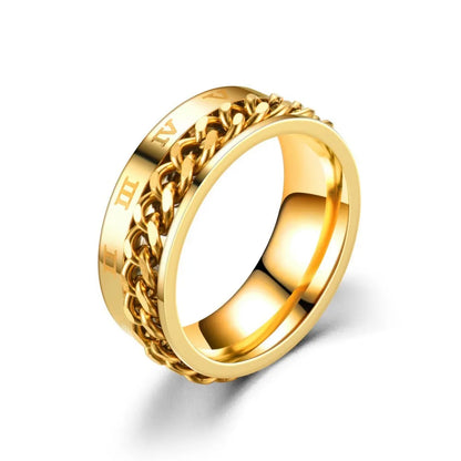 Roman Numeral Spinner Ring – Stainless Steel Chain Rotating Anxiety Fidget Ring for Men | Black Metal Stress Relief Jewelry
