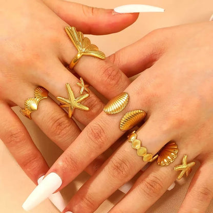 Gold Stainless Steel Starfish & Shell Ring – Adjustable Waterproof Beach-Inspired Ring for Women