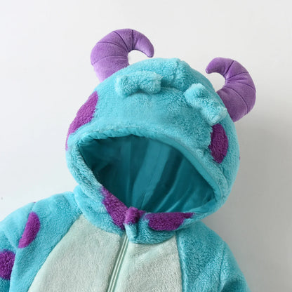 Combinaison de neige à capuche en polaire pour bébé – Combinaison d'hiver à capuche avec cornes motif animal de dessin animé pour nouveau-nés garçons et filles