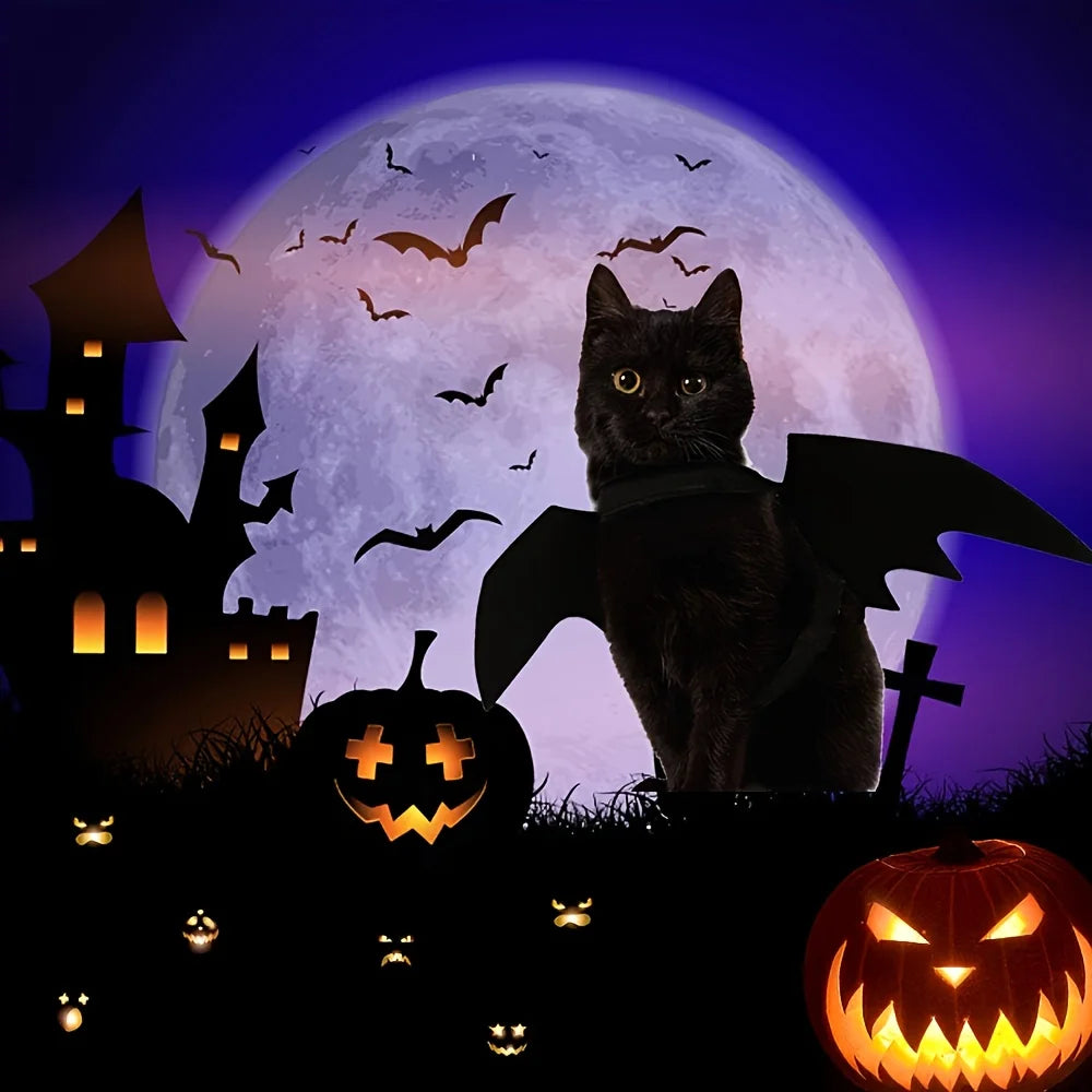 Pet Bat Wings Costume – Adjustable Soft Polyester Bat Wing Cosplay Outfit for Cats & Small Dogs, Cute Halloween Party Costume