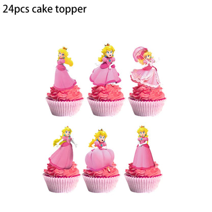 Princess Peach Party Supplies Set – Cartoon Anime-Themed Tableware, Balloons & Decorations for Children's Birthdays & Baby Showers