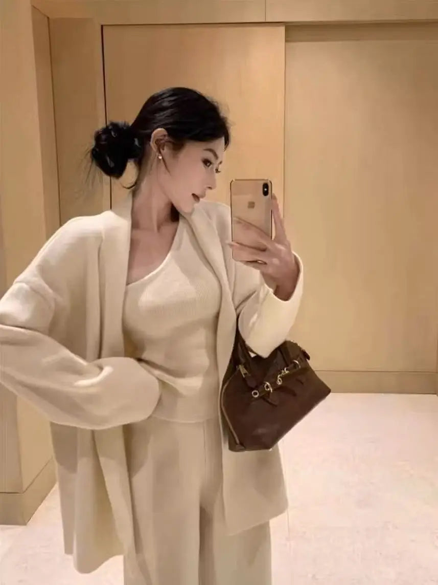 Women’s French Style 3-Piece Knit Sweater Set – Cardigan, Vest & High-Waisted Wide-Leg Pants, Elegant Casual Outfit