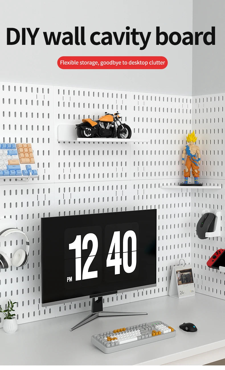 Kit de organización modular de pared con tablero perforado (Pegboard) para bricolaje – Paneles de almacenamiento colgantes sin taladro para cuartos de manualidades, oficina y organización del hogar