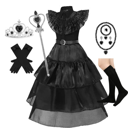 Girls Halloween Cosplay Costume – Black Gothic Fancy Dress Up Outfit (Kids Carnival Costume)