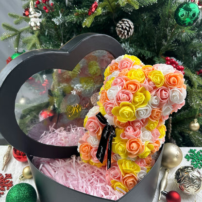 Oso de rosas artificiales de 25 cm con caja de regalo – Regalo romántico para ella en San Valentín, aniversario y boda