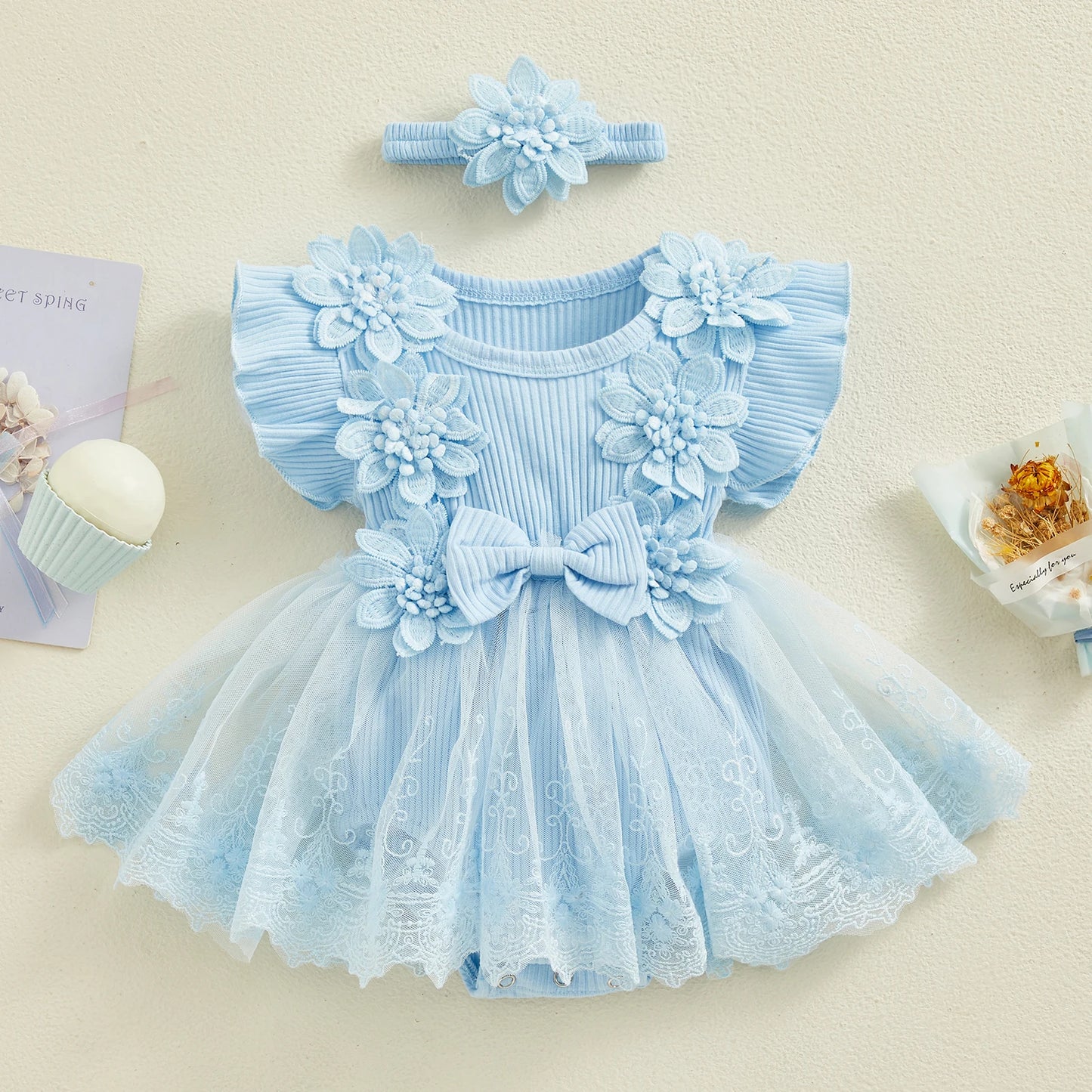 Vestido de mameluco 3D con flores para bebé – Body de malla de princesa de verano con volantes de encaje, conjunto de recién nacido con diadema a juego, ropa linda para niños para ocasiones especiales y uso diario