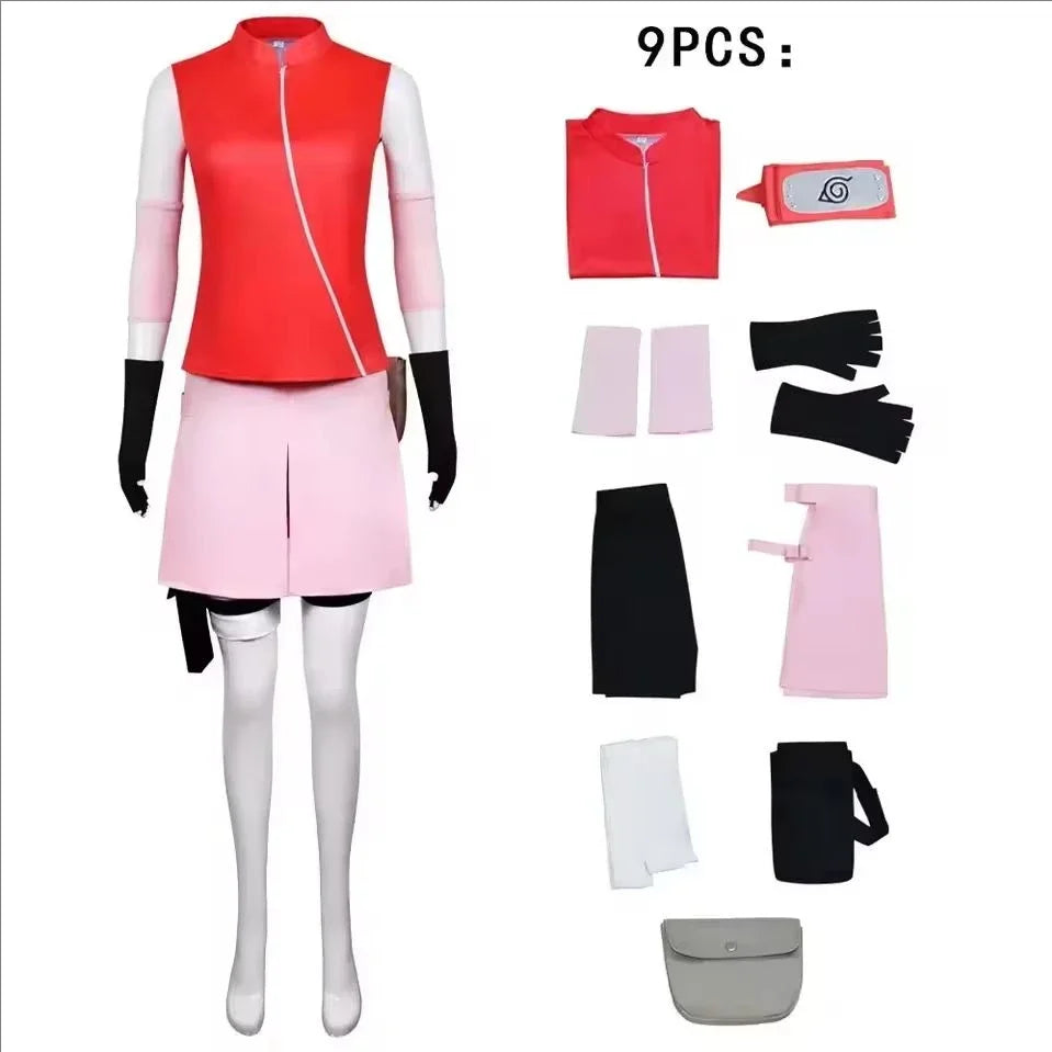 Anime Sakura Cosplay Costume – Ninja Battle Suit (Red Top, Pink Skirt, Bag Full Set for Halloween/Stage Party)