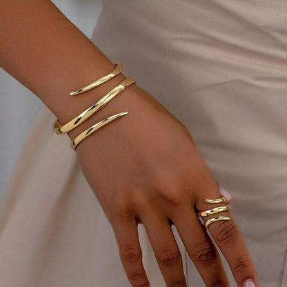 2Pcs Women’s Fashion Geometric Open Bracelet Ring Set Simple Design Trend Holiday Party Gift