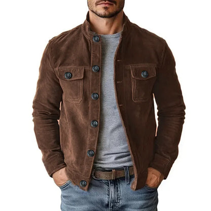 Men’s Vintage Brown Faux Suede Jacket – Stand Collar Button-Up Coat with Chest Pockets, Slim-Fit Casual Streetwear Outerwear