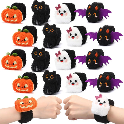 12-48PCS Halloween Ghost Plush Slap Bracelets, Stuffed Wristbands Trick or Treat Gifts, Halloween Party Favor Bag Fillers, Classroom Prizes for Kids