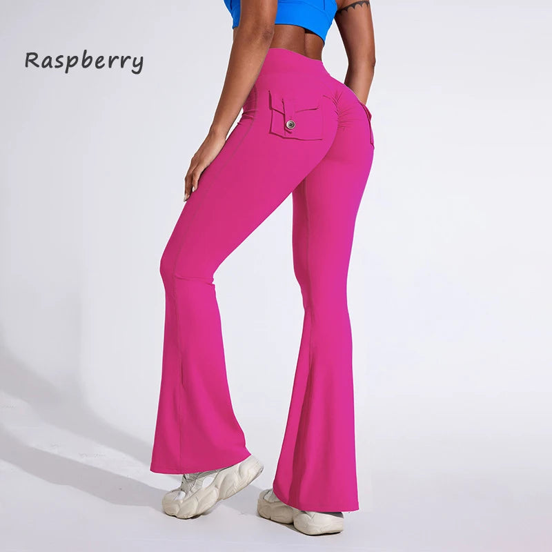 DIAS FIT JOY Pantalon de yoga évasé taille haute pour femme – Legging patte d'éléphant push-up avec poches, pantalon d'entraînement à séchage rapide pour la course, la gym, le fitness et l'exercice