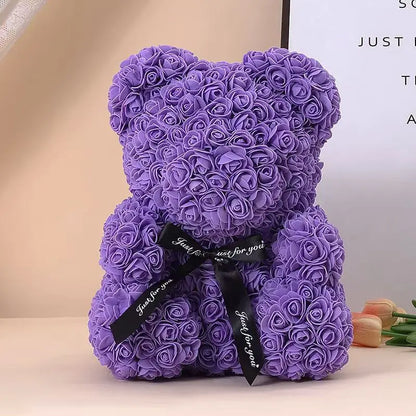 Oso de rosas artificiales de 25 cm con caja de regalo – Regalo romántico para ella en San Valentín, aniversario y boda