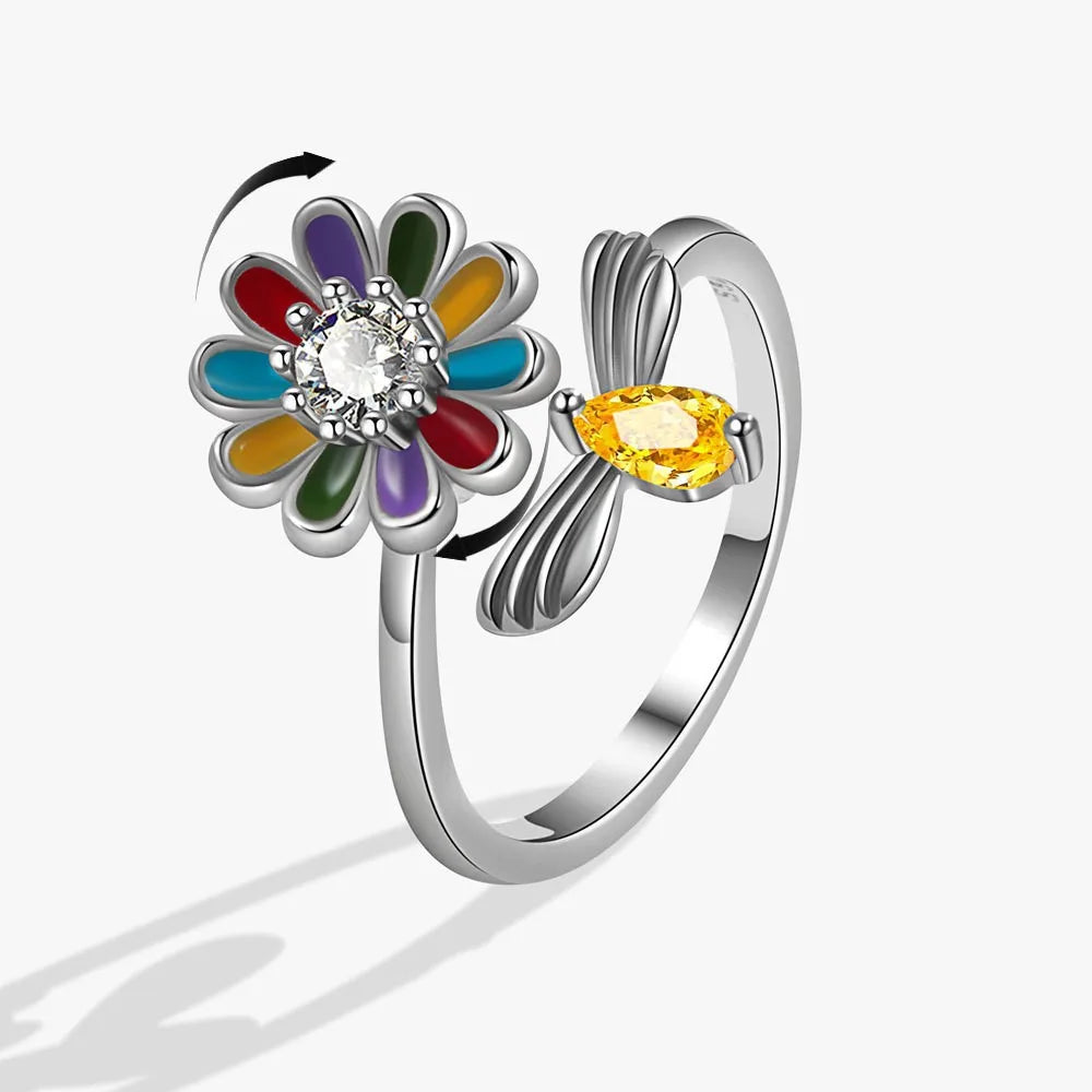 Anillo giratorio antiestrés de mariposa y flor con diamantes de imitación – Anillo giratorio antiansiedad para mujer | Joyería ajustable para aliviar el estrés