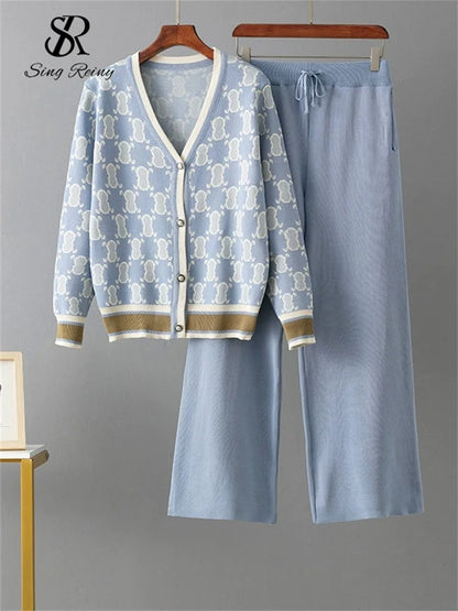 SINGREINY Conjunto de dos piezas de punto para mujer con cuello en V, top estampado de manga larga y pantalones de cintura elástica