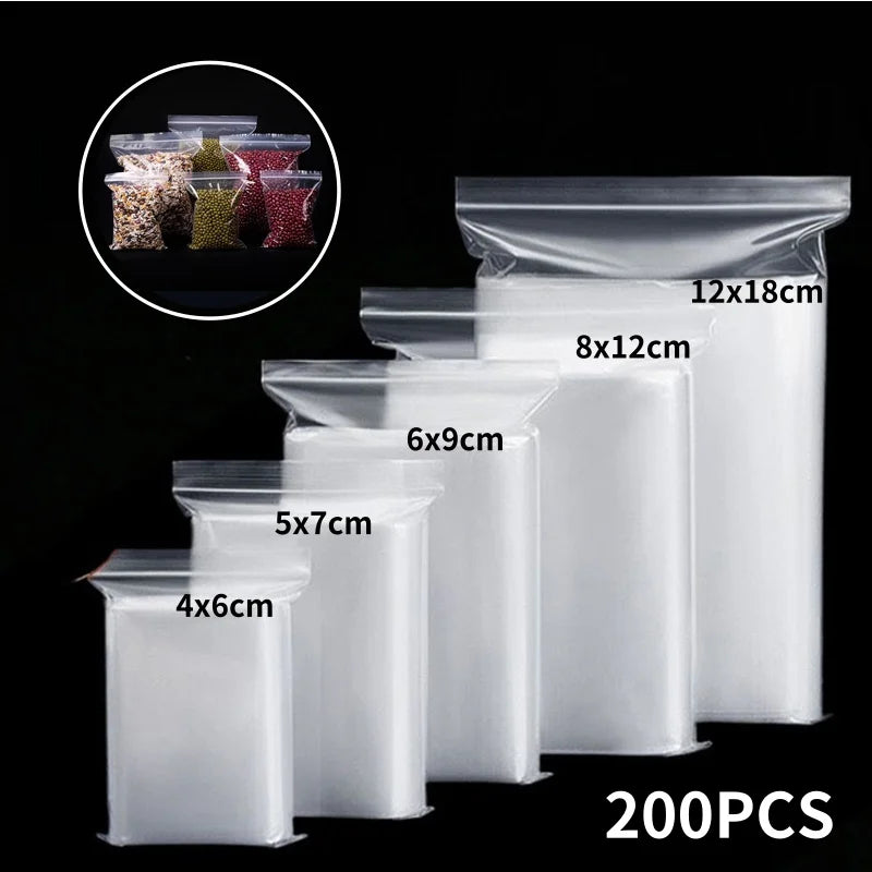 100/200 bolsas transparentes con cierre de cremallera – Bolsas de plástico gruesas resellables para alimentos, joyas, organización de cocina, almacenamiento de artículos pequeños y suministros de embalaje