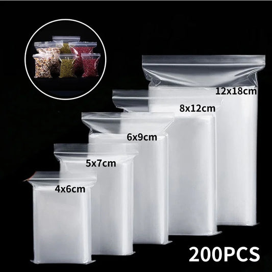 100/200 bolsas transparentes con cierre de cremallera – Bolsas de plástico gruesas resellables para alimentos, joyas, organización de cocina, almacenamiento de artículos pequeños y suministros de embalaje