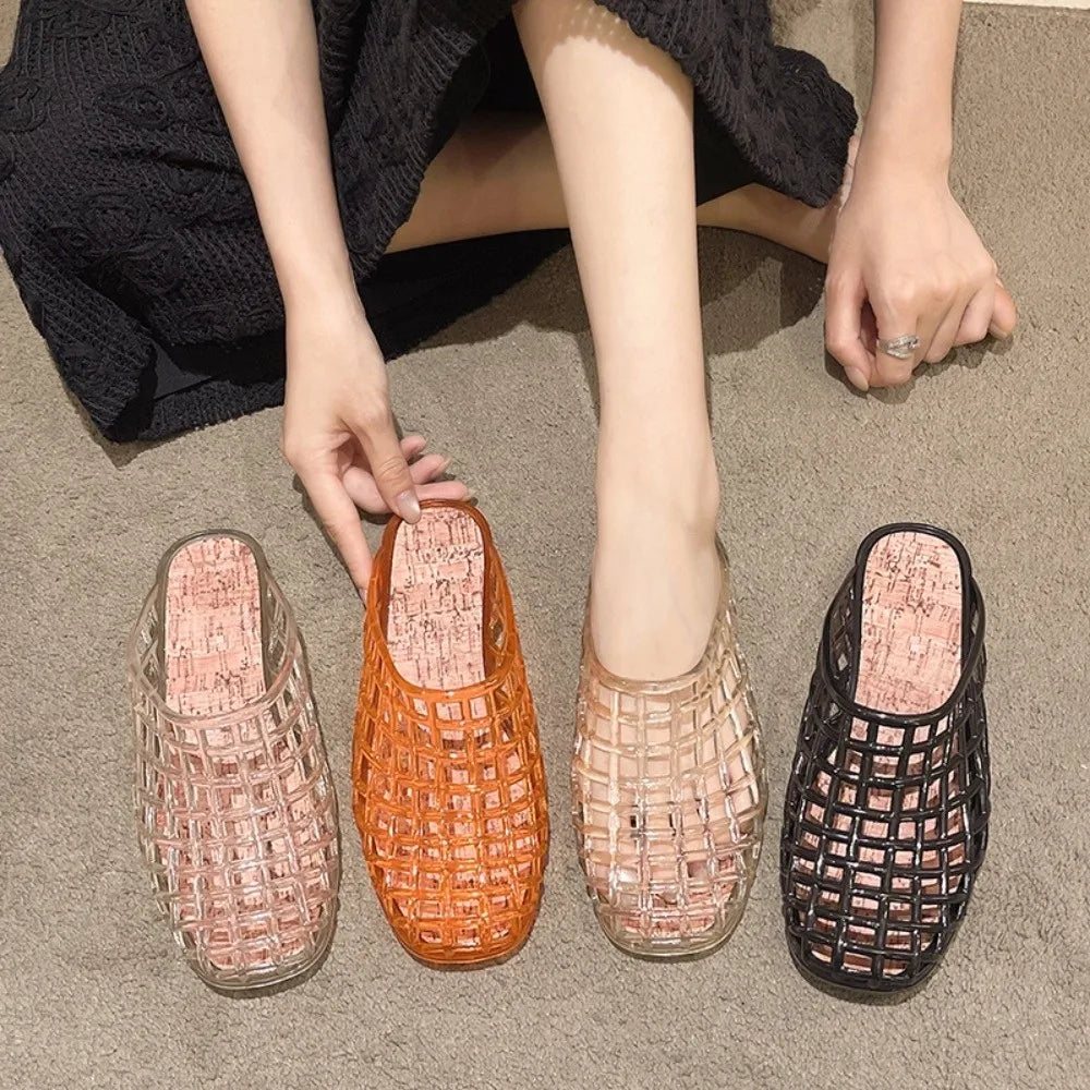 Sandales plates en gelée transparente pour femmes, en PVC cristal, à enfiler avec breloques