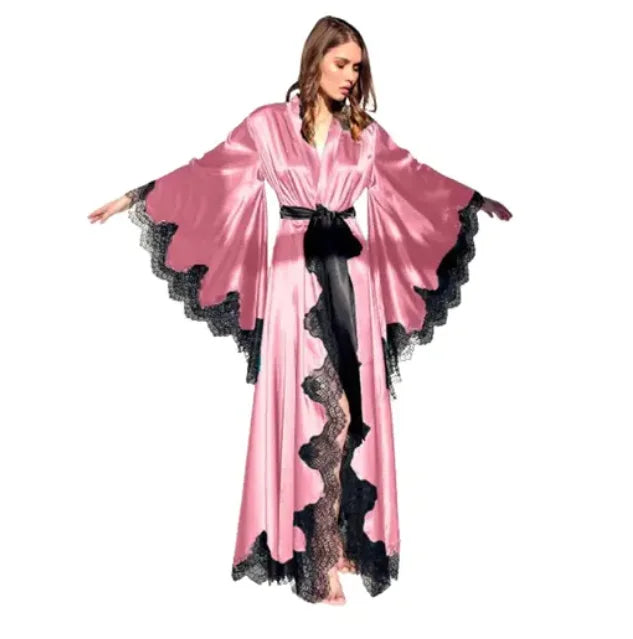 Women’s Black Silk Satin Kimono Robe – Lace Trim Wedding Bride Sleepwear Pajamas Photo Shoot Gown