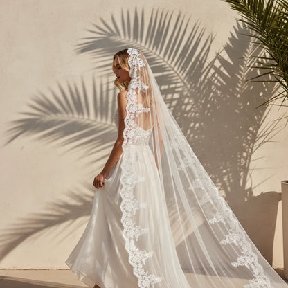 Long Bridal Lace Veil – Spanish Mantilla Wedding Veil with Lace Edge | Elegant Wedding Dress Accessory for Bride & Bridal Party