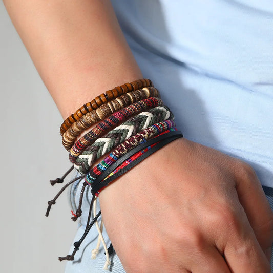 Bohemian Leather Bracelet for Men – Hand-Woven Wooden Bead Charm Bracelet | Vintage Fashion Jewelry Gift for Him
