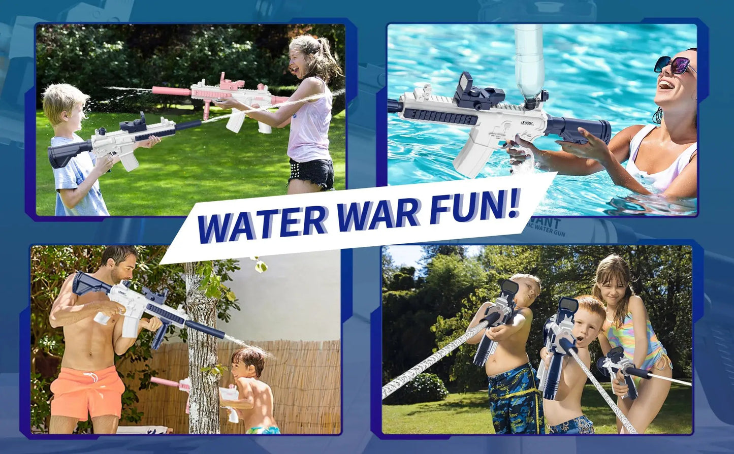 Pistola de agua eléctrica Unilabo M416 – Lanza agua automática a batería con accesorio de botella externa para diversión veraniega al aire libre para niños y adultos