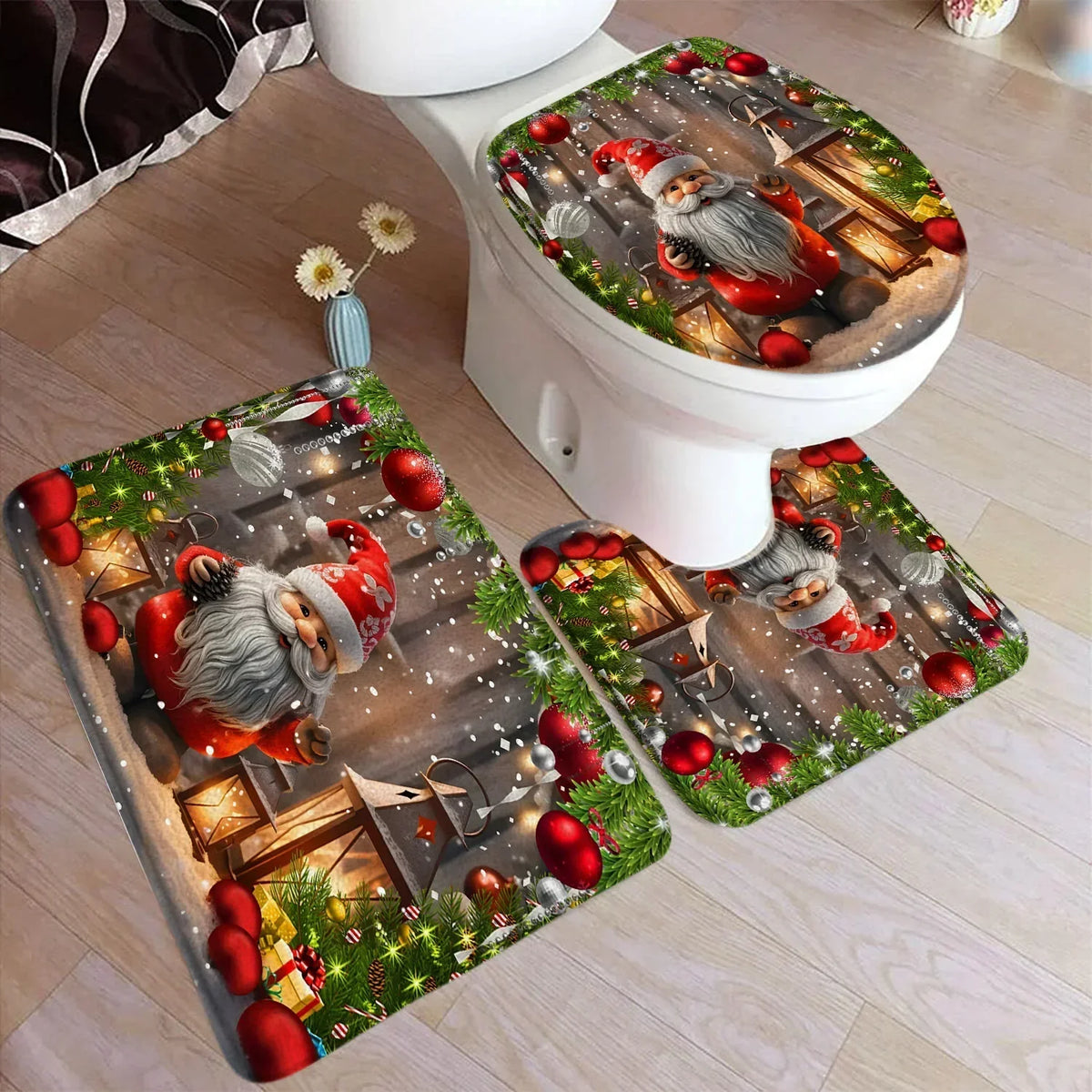 Funny Christmas Bath Mat Set – Cute Snowman, Santa Claus, Red Ball & Xmas Tree Bathroom Rugs with Toilet Lid Cover