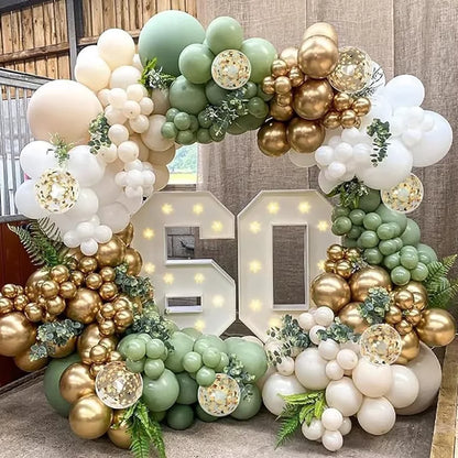 Sage Green Balloon Arch Garland Kit – Green, White, Sand & Gold Confetti Latex Balloons for Birthday, Wedding & Graduation Decorations
