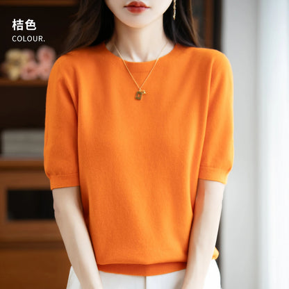 Women's 100% Wool Knitted Sweater – O-Neck Short-Sleeve Pullover, Warm Basic Casual Top for Fall & Winter, Available in 22 Colors