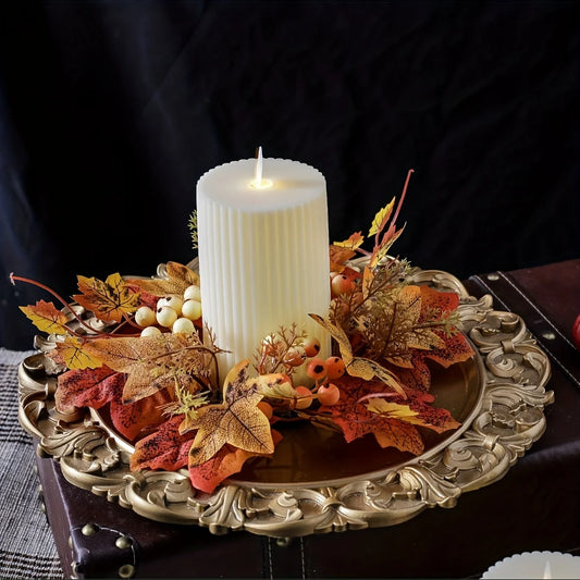 1PC Autumn Harvest Christmas Candle Holder – Faux Maple Leaf Wreath Centerpiece for Holiday Tables, Festive Parties & Home Decor