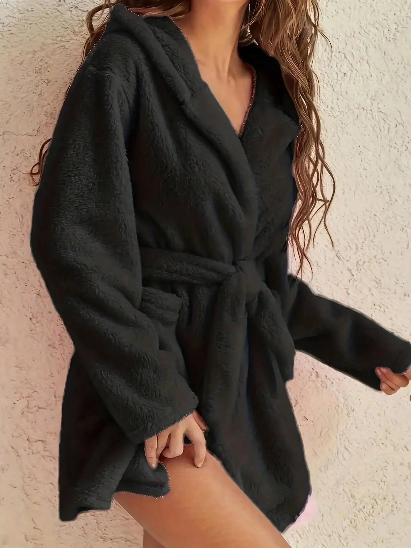 Women’s Hooded Fleece Robe – Solid Color Cozy Warm Bathrobe with Belt for Autumn & Winter Home Wear