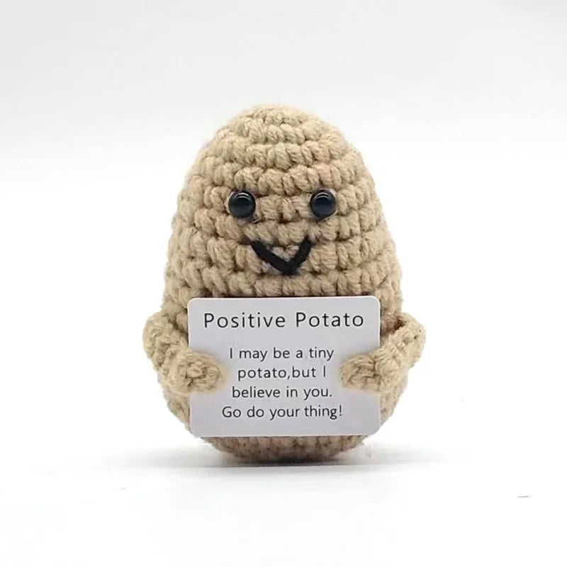Peluche Pomme de terre Énergie positive – Décoration de chambre tricotée à la main en laine avec carte d'inspiration, cadeau de Noël mignon et amusant et ornement de bureau