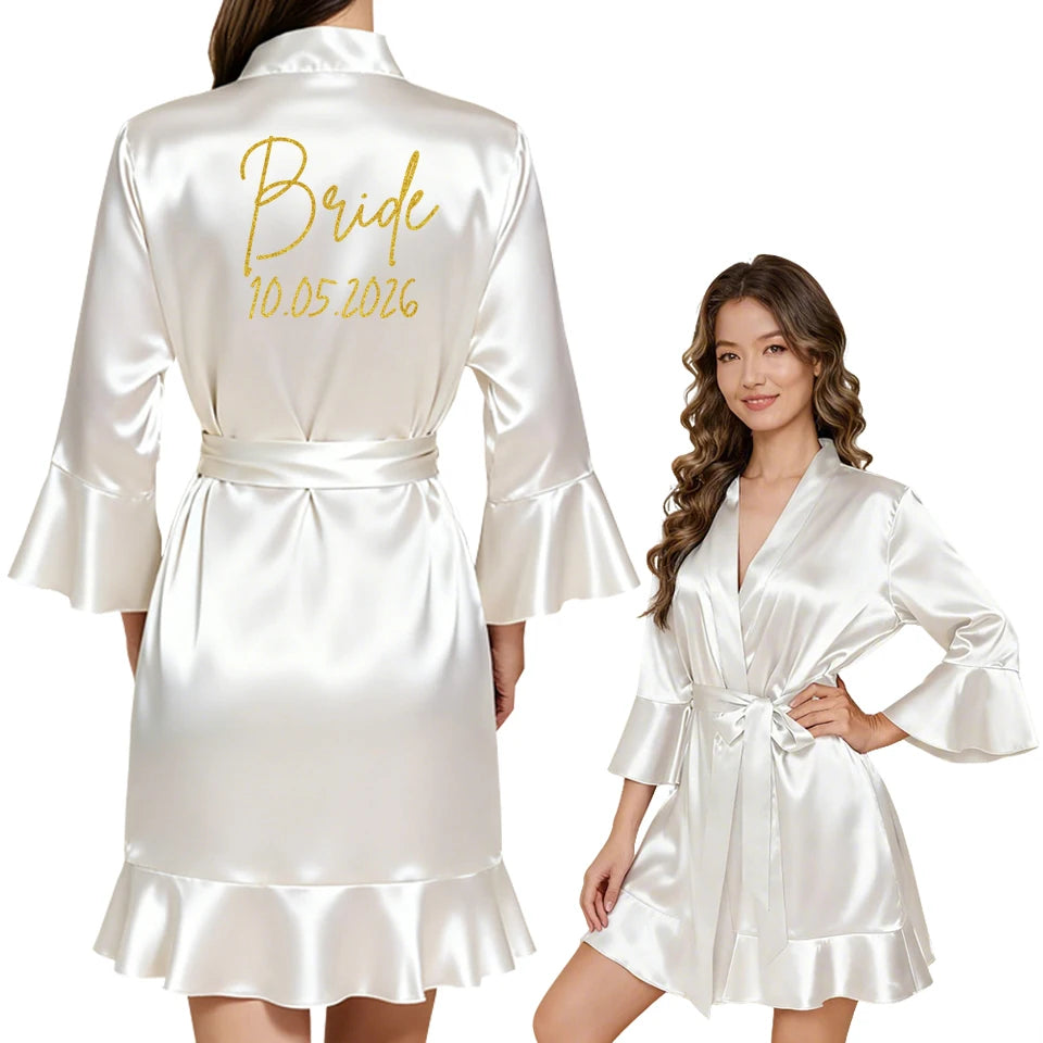 Elegant Satin Bathrobe – Personalized Wedding Date Bride Bridesmaid Robe Gift for Bridal Party Women