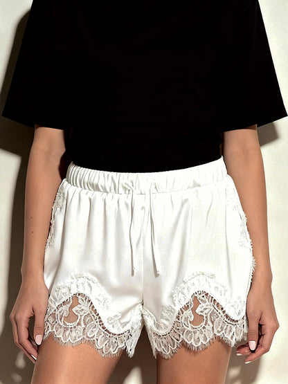 Pantalones cortos de mujer con cordón elástico en la cintura y patchwork de encaje, informales para el verano y el descanso