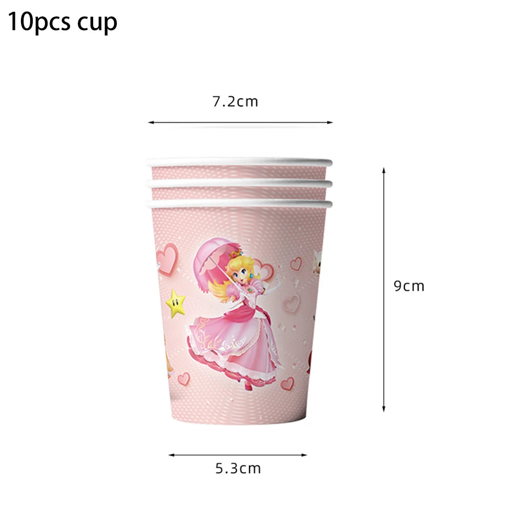 Princess Peach Party Supplies Set – Cartoon Anime-Themed Tableware, Balloons & Decorations for Children's Birthdays & Baby Showers