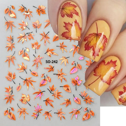 2pcs 3D Autumn Nail Stickers – Laser Maple Leaf Nail Art Decals for Fall Manicure Decoration