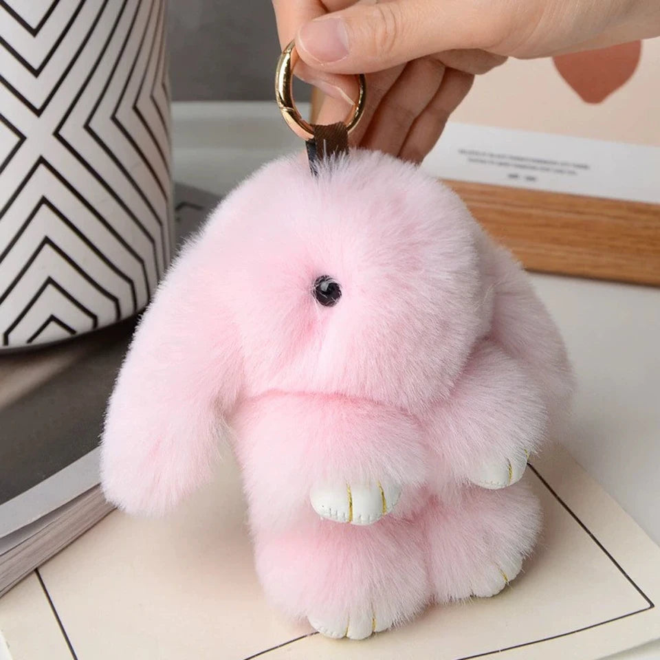 ZAKOL 15CM Fluffy Rabbit Fur Pompon Keychain – Soft Cute Bunny Plush Key Ring & Bag Charm, Adorable Gift Accessory for Girls