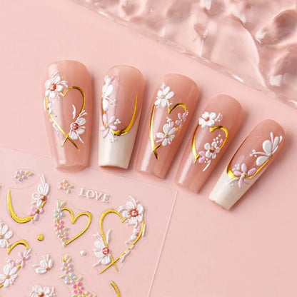 2pcs 5D Embossed Flower Nail Stickers – Golden Heart & Pink Petal Nail Art Decals for Valentine’s Manicure Decoration