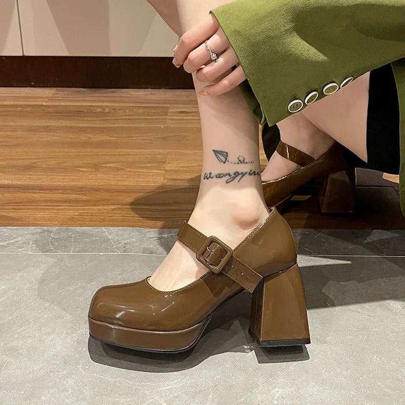 Women's Platform Square Toe Pumps – 7cm Chunky Heel High Heels in Orange, Non-Slip Dress Shoes with Big Size Options