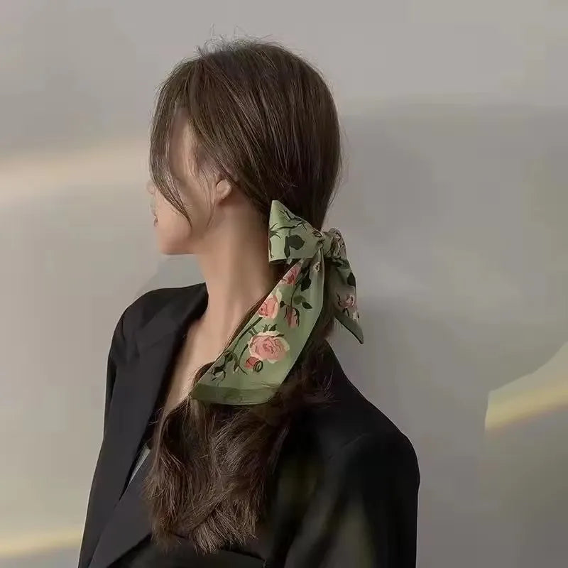 Khaki Nude Silk Scarf Hair Band – Vintage Satin Ribbon Bow Hair Accessory for Women | Elegant Fashion Hair Tie