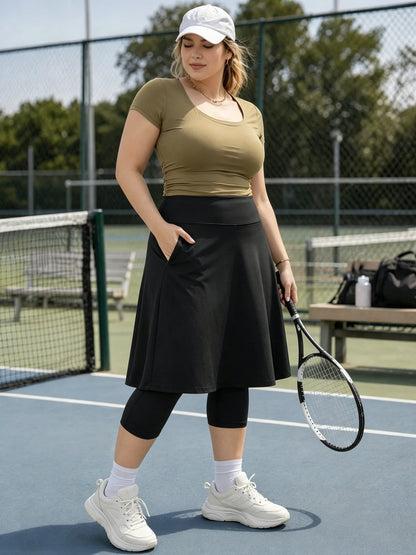 Women's Plus Size Skirted Capri Leggings – Knee-Length Skort with High-Waist Capris, Zipper Pockets & Comfortable Layered Design