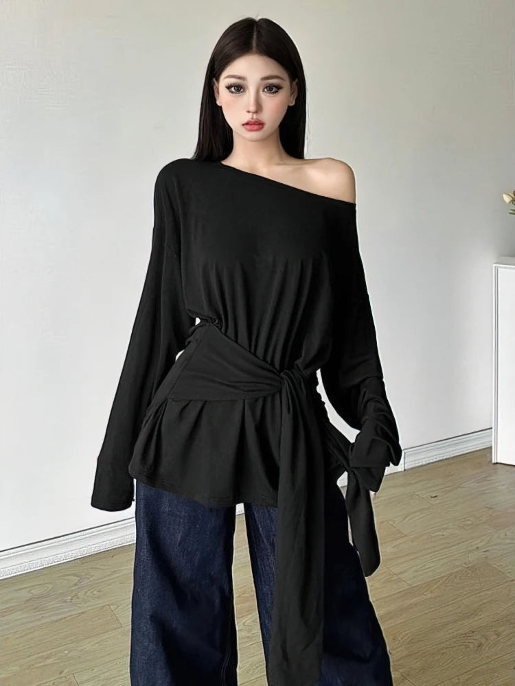 Women’s See Through Long Sleeve Oversize T-Shirt Sexy Back Bandage Off Shoulder Basic Long Tee Korean Chic