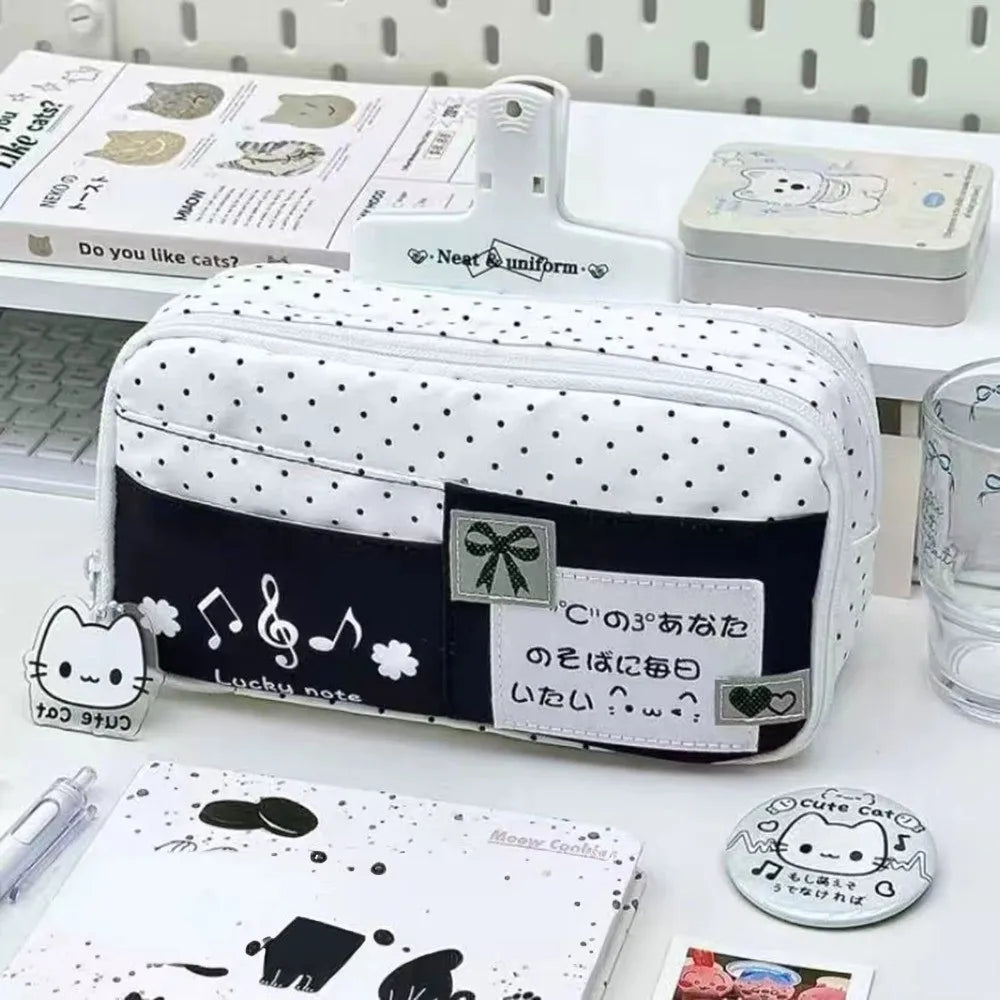 Trousse à crayons Chat à pois – Sac à stylos mignon grande capacité multi-couches, Organisateur de papeterie élégant pour l'école, le bureau et l'utilisation quotidienne