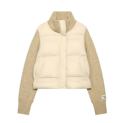 Women’s Sweater-Spliced Padded Coat – Long-Sleeve Zip-Up Jacket with Pockets, Chic Casual Outerwear for Spring & Autumn